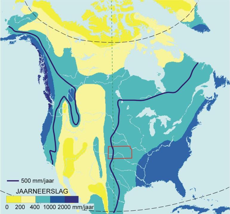 Missouri River Welke staat is op figuur 2 rood omlijnd? Bron: Werkmap 3 Aardrijkskunde Figuur 2 2.2. Neerslag in de VS De 500mm isohyeet wordt ook wel de droogtegrens genoemd wat belangrijk is voor de landbouw.