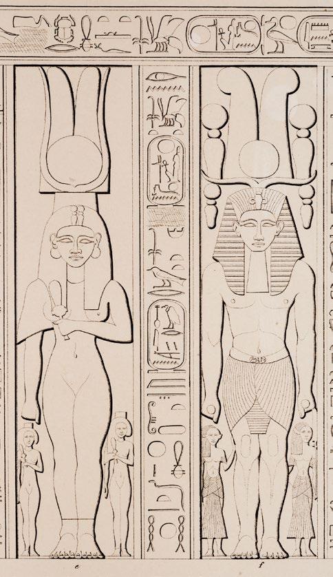 Gevel van de kleine tempel van Aboe Simbel, met kolosbeelden van Ramses II en koningin Nefertari. Tekening: Lepsius, Denkmäler.