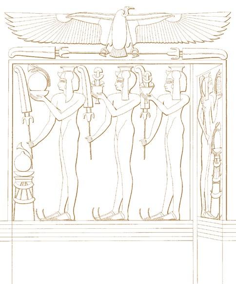 Links en rechts: Ramses III in zijn harem. Reliëfs in de toegangspoort van de tempel van Medinet Habu. Tekening: Lepsius, Denkmäler. Left and right: Ramesses III in his harem.