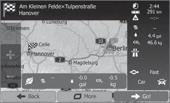 Navigatie Na afronding van de routeberekening worden de parameters van de route zoals afstand en tijd weergegeven. Daarnaast wordt het totale routeverloop op de kaart weergegeven. Druk bijv.