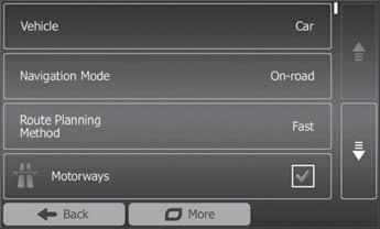 Navigatie Het instellingenmenu voor de navigatie wordt weergegeven. Druk op de knop te geven. ], om de tweede pagina weer Druk op Route Settings (Route-Instellingen).