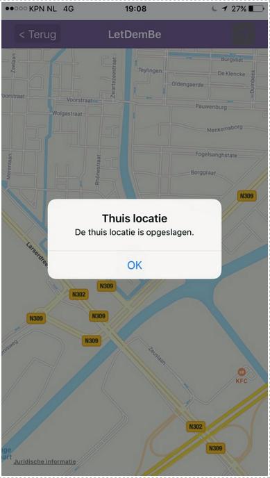 Nieuwe thuis locatie opgeslagen Er verschijnt een scherm dat de locatie