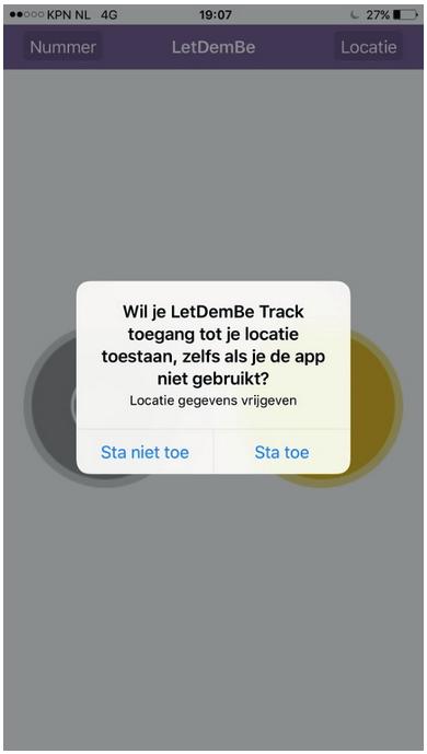 Toestemming voor GPS Bij het eerste gebruik van de app moet er toestemming worden gegeven om de