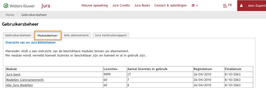 3. Overzicht van uw Jura Bibliotheken Het overzicht van uw Jura Bibliotheken vindt u terug onder Gebruikersbeheer > Module beheer.