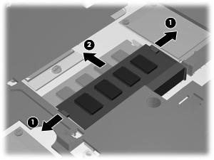 b. Pak de geheugenmodule aan de rand vast (2) en trek de module voorzichtig uit het geheugenmoduleslot.