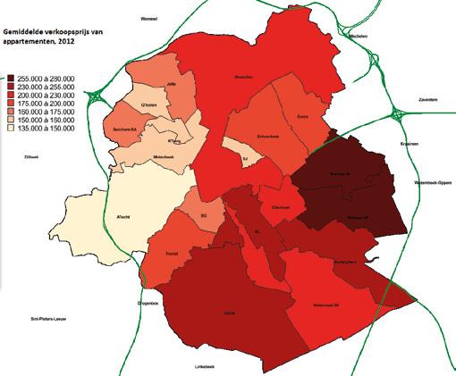 Figuur 31 : Gemiddelde verkoopsprijs van appartementen in de 19 gemeenten van het BHG, 2012 - Data : ADSEI Kaart : IDEA Consult De gemiddelde verkoopsprijzen voor woonhuizen in het Brussels Gewest