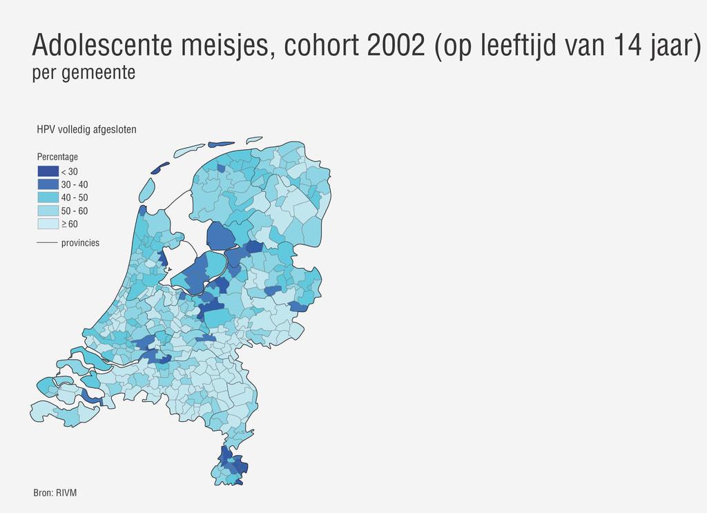 Figuur 6 Vaccinatiegraadpercentages per gemeente voor adolescente meisjes (cohort 2002) 3.