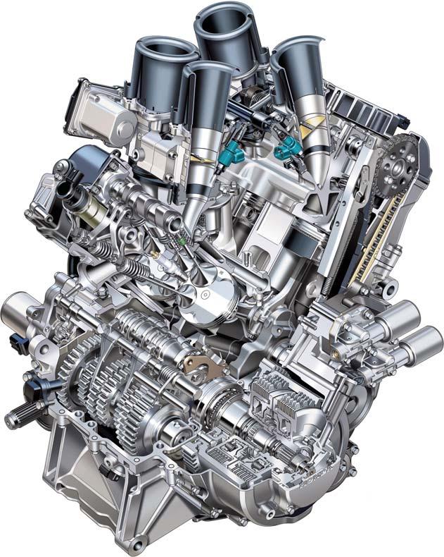 Hoogopgevoerd blok De nieuwe motor van de VFR volgt de 30 jarige traditie: het is opnieuw een V4. Deze keer met boring/slagmaten van 81x60 hetgeen de cilinderinhoud op 1237 cm³ brengt.