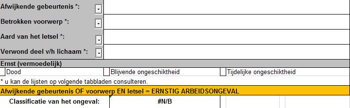 Om te bepalen of het voor de wetgever al dan niet om een ernstig arbeidsongeval gaat, moeten de onderstaande parameters ingevuld worden.