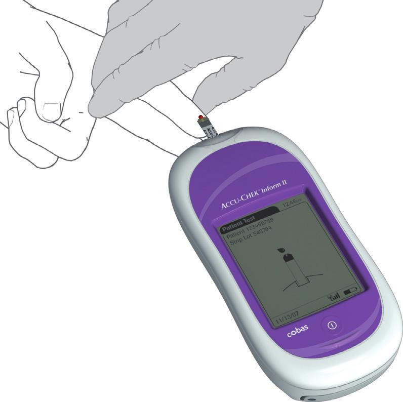 Glucosebepalingen van patiëntenmonsters Opzuigen van een bloedmonster Als de meter de teststrip heeft gedetecteerd, wordt u gevraagd een bloedmonster op te zuigen.