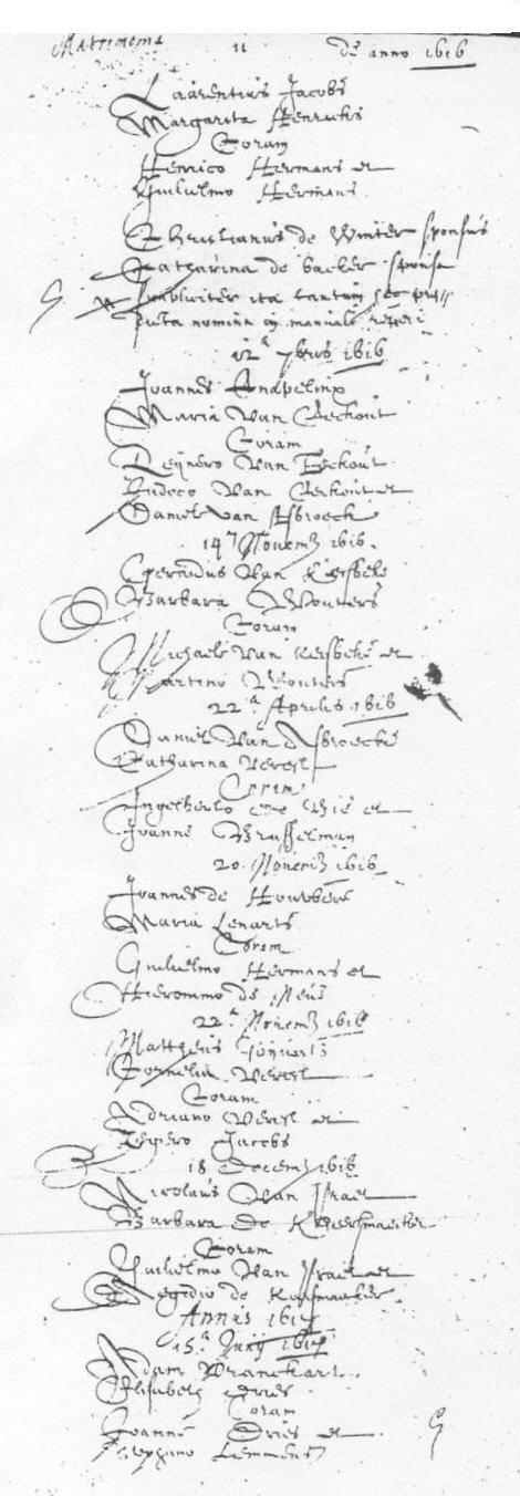 Londerzeel H01_f 525 v - 1616-1617 Jacobs, Laurentius x 11 september 1616 Henricks, Margareta Hermans, Henricus Hermans, Guilielmus De Winter, Christianus (sponsus) oo 11 september 1616 (ondertrouw)