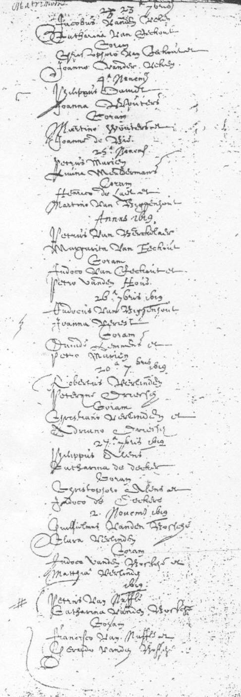 Van den Veken, Jacobus x 23 september 1618 Van Eeckout, Catharina Van Eeckout, Christophorus Van der Veken, Joannes Londerzeel H01_f 526 v - 1618-1619 Davidt, Joannes x 4 november 1618 Wouters,