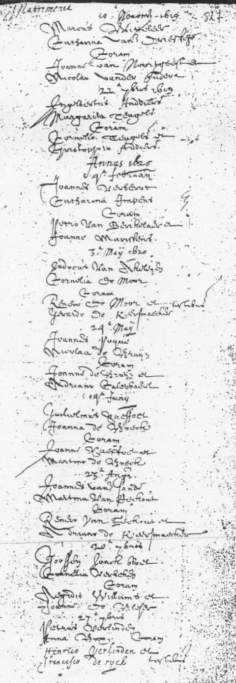 Londerzeel H01_f 527 r - 1619-1620 Witteleer, Marcus x 10 november 1619 Van den Driessche, Catharina Van Noortgeest, Joannes Van den Audera, Nicolaus Haddiers, Engelbertus x 22 september 1619
