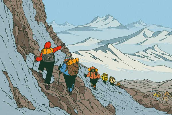 Reconstructie Illustratie Robert Fresson Illustratie Robert Fresson Afgelopen voorjaar kwamen op de flanken van de Mount Everest onder leiding van de ervaren Nederlander Arnold Coster twee klimmers