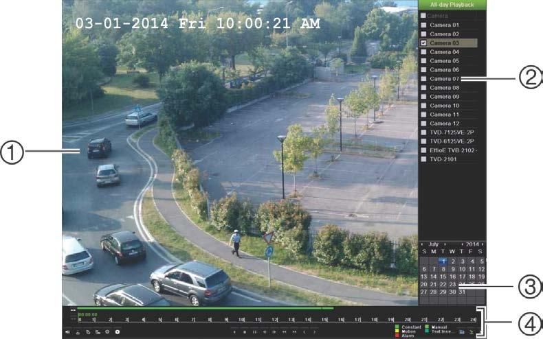 Hoofdstuk 7: Een opname afspelen Afbeelding 22: Het afspeelvenster 1. Afspeelweergave. 2. Camerapaneel. Selecteer de camera's die u wilt afspelen.