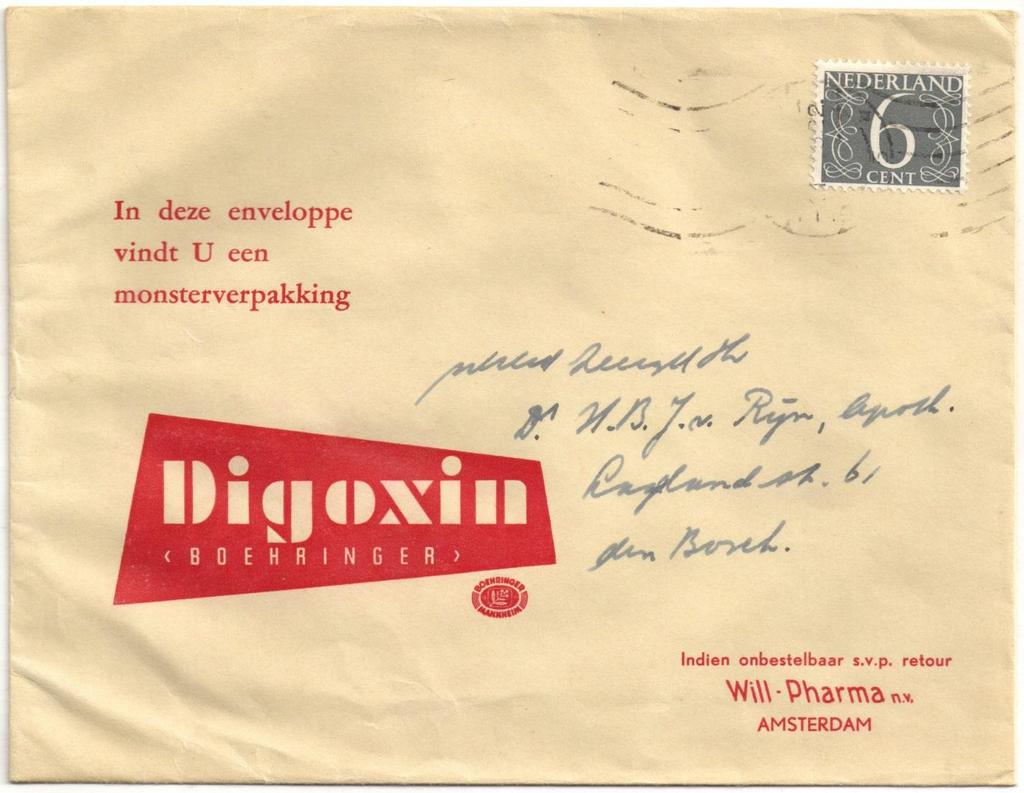 Afb. 4. 6-centzegel als frankering op een monster zonder waarde. De waarde van 8 cent tenslotte verscheen op 1 november 1957.