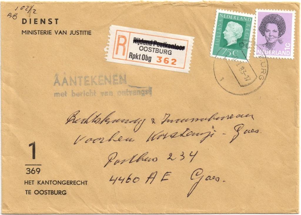 Afb. 5. Als u een aangetekende brief met bericht van ontvangst had verzonden op 11 januari 1983 dan had u aan postzegels moeten plakken: brieftarief + aantekenrecht ƒ 3,75 plus BvO ƒ 1,75 = ƒ 5,50.