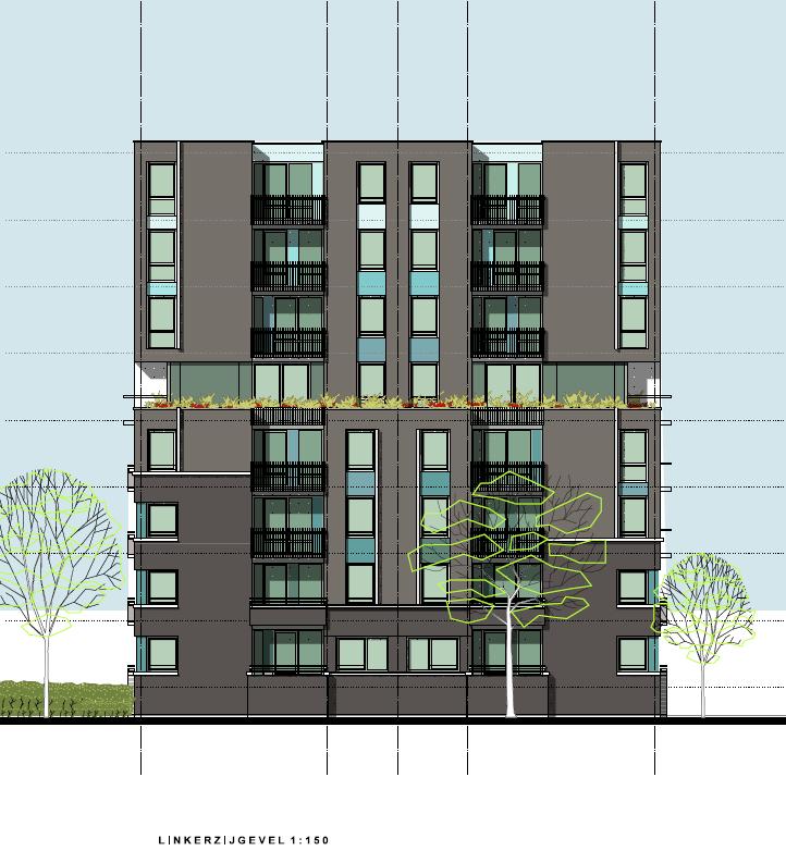 Met circa 11 appartementen per bouwlaag is het een zeer efficiënt gebouw. Hoofdentree gericht naar het groene gebied.