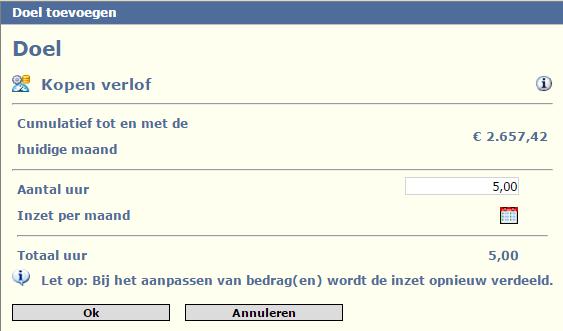 3.2 Doel kopen verlof In onderstaand voorbeeld ziet u de pop-up van het doel kopen verlof. U kunt het aantal uren invullen dat u wenst te kopen.