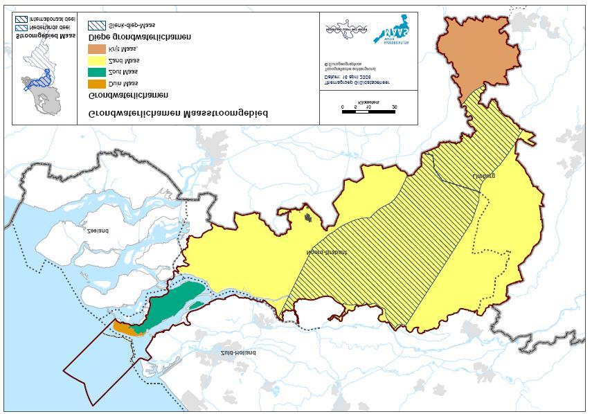 2.5 Grondwaterlichamen In het Maasstroomgebied bevinden zich de volgende grondwaterlichamen: Zand Maas (NLGW0006), Zout Maas (NLGW0013), Duin Maas (NLGW0017), Slenk Diep Maas (NLGW0018) en Krijt Maas