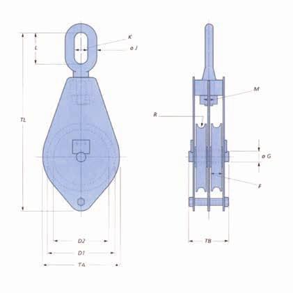 be STAALKABELBLOK MET 2 SCHIJVEN DOUBLE SHEAVE BLOCK Ø kabel / Werklast / D1 D2 F G J K L M R TA TB TL Gewicht / Cable Ø mm T mm mm mm mm mm mm mm mm mm mm mm mm kg 8 1,0 100 80 20 15 16 26 58 18 110