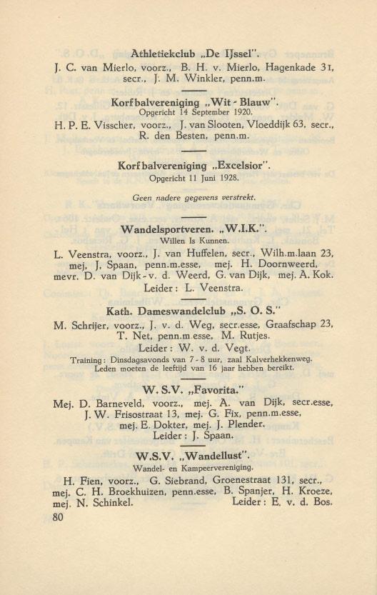 Athletiekclub..De Ijssel". J. C. van Mierlo. voorz., B. H. v. Mierlo. Hagenkade 3 I, seer., J-. M. Winkler, penn.m. Korfbalvereniging "Wit ~Blauw". Opgericht 14 September 1920. H. P. E.