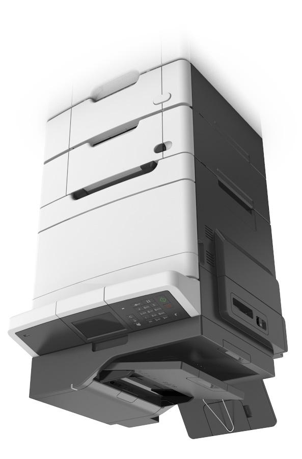Omgaan met de printer 13 Basismodellen 1 Bedieningspaneel van de printer 2 Automatische documentinvoer (ADI) 3 Standaarduitvoerlade 4 Bovenklep 5 Rechterzijklep 6 Standaardlade voor 250 vel (lade 1)