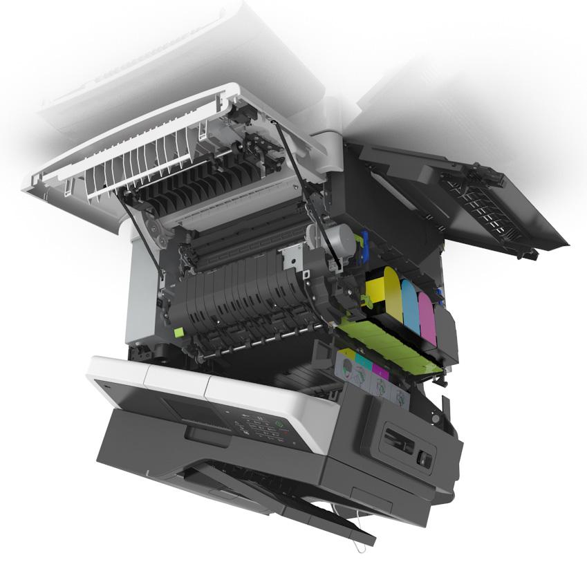 Printer onderhouden 215 Supplies vervangen Overloopfles vervangen 1 Bovenklep 2 Toneroverloopfles 3 Rechterzijklep 4 Voorklep 1 Haal de nieuwe toneroverloopfles uit de verpakking.