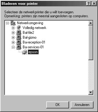 . Klik op de computer of server die op de gedeelde printer is aangesloten en op de naam van de gedeelde printer. Klik vervolgens op OK.