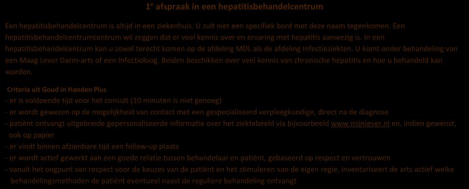 1 e afspraak in een hepatitisbehandelcentrum Een hepatitisbehandelcentrum is altijd in een ziekenhuis. U zult niet een specifiek bord met deze naam tegenkomen.