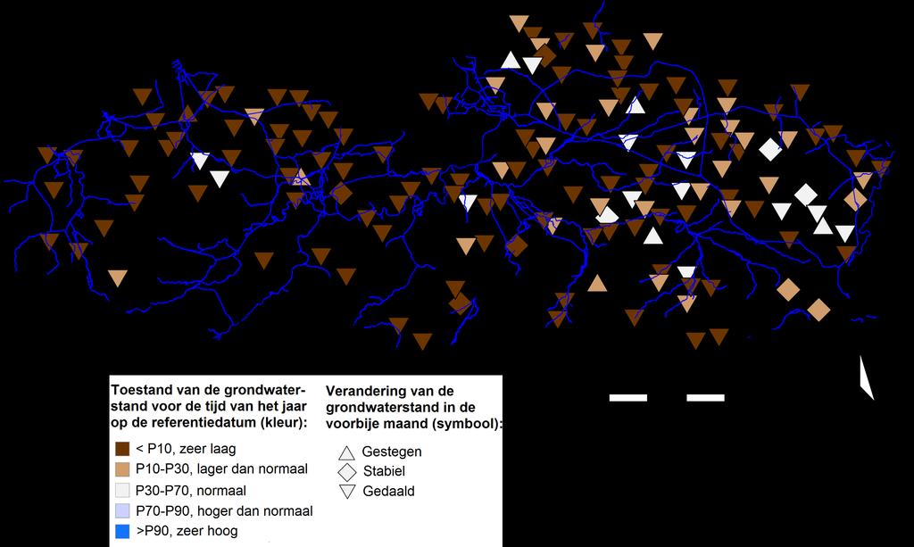 6 Grondwaterstandindicator freatisch grondwater De grondwaterstandindicator geeft een beeld van de huidige stijghoogte van het grondwater ten opzichte van het verleden.