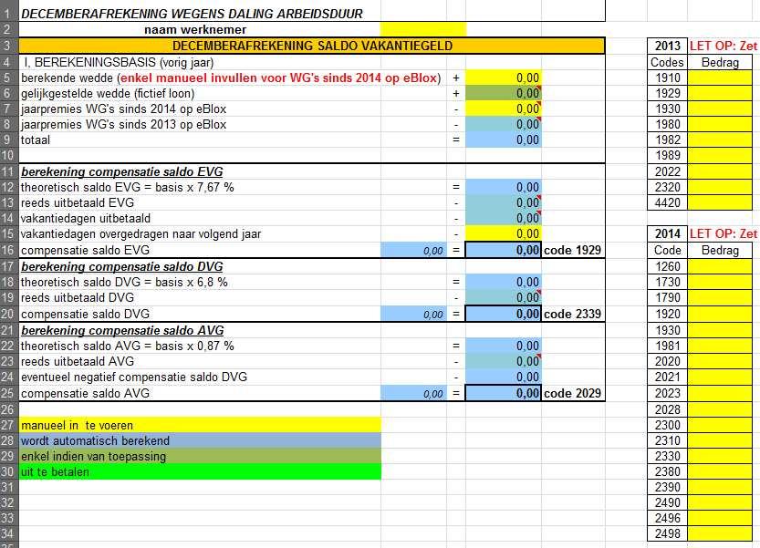 De Excel ziet er als volgt uit: Waarbij de gekleurde vakken het volgende willen zeggen Het is de bedoeling dat je enkel de gele velden/codes invult die van toepassing zijn op de betrokken werknemer.