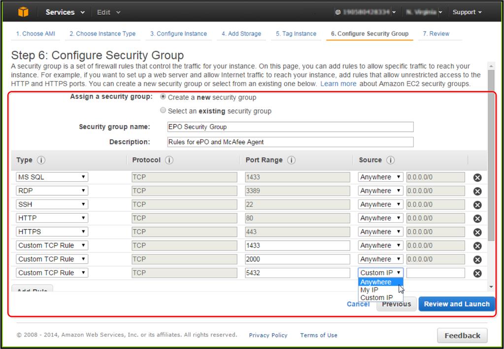 C McAfee epo installeren op een AWS-server De AWS-server maken 11 Configureer een specifieke tag en waarde waarmee u deze AWS-server wilt identificeren en klik op Volgende: Beveiligingsgroep