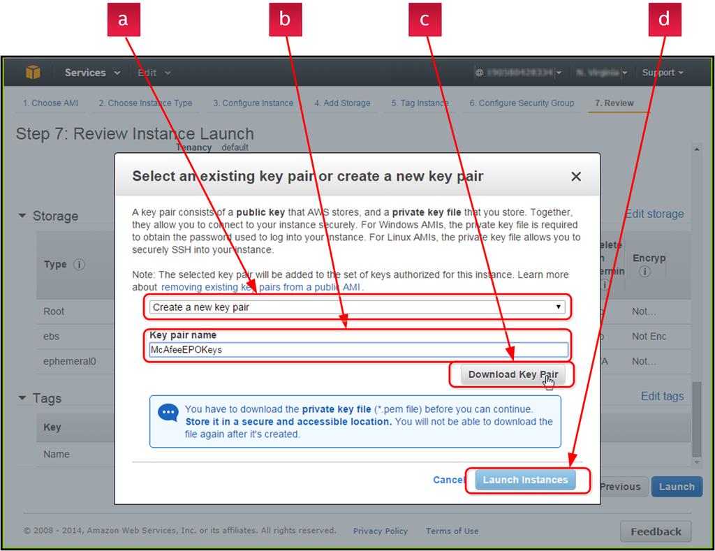 C McAfee epo installeren op een AWS-server De AWS-server maken 15 Maak een beveiligingssleutelpaar met de volgende instellingen, om een versleuteld wachtwoord te maken wanneer u zich de eerste keer