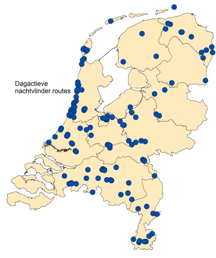 De routes met dagactieve nachtvlinders lagen goed verspreid door het land, maar in de Achterhoek en Twente zouden extra routes welkom zijn.