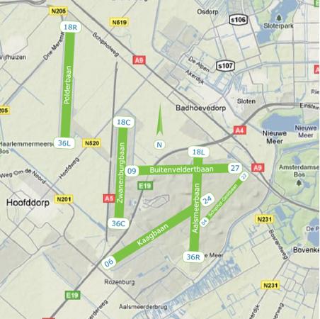 3 Voor oriëntatie staan hierboven de banen op Schiphol aangegeven. Bij Noorderwind kan gedaald worden op drie banen: Zwanenburgbaan,de Aalsmeerbaan,en de Kaagbaan.