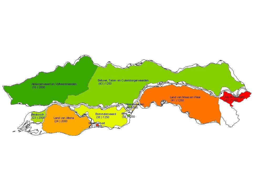 Figuur 1 dijkringgebieden Tevens zijn er in het beheergebied van waterschap Rivierenland een aantal verbindende waterkeringen aanwezig, deze waterkeringen verbinden twee verschillende dijkringen met