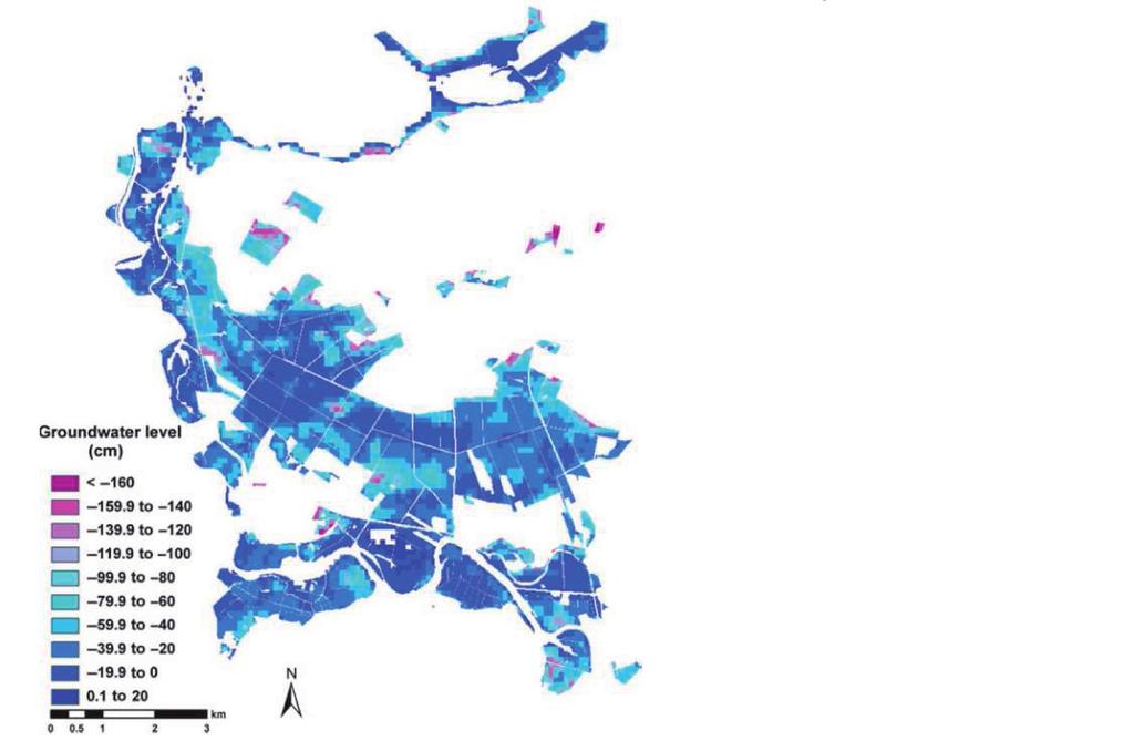 Afbeelding 4: Via thermische satellietbeelden en lokale vegetatieopnamen gekarteerde gemiddelde grondwaterstand (in cm ten opzichte van maaiveld) voor een graslandreservaat bij Berlijn.