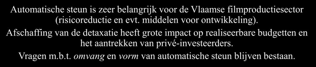 S1 VERDERZETTING HUIDIGE DETAXATIEMAATREGEL Met variabele inkomsten uit detaxatie en/of box office kunnen deel risico-investering en eigen inbreng worden gerecupereerd Voor een gemiddelde Vlaamse