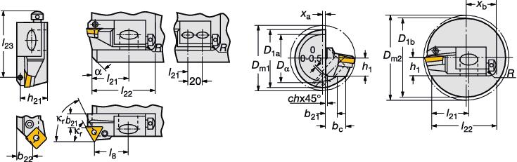 GENERL TURNNG uild-in tools nbouwgereedschappen Cassettes voor negatieve wisselplaten nbouwmaten voor CoroTurn RC en T-MX P patroonhouders nch afmetingen erekening van de afmetingen D 1a, Dα en D 1b