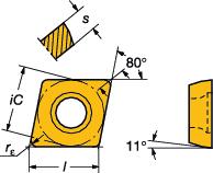 GENERL TURNNG Positive basic-shape inserts Positieve wisselplaten lgemeen draaien CoroTurn 111 Ruitvormig 80 Voor SO toepassingsgebieden, zie onderaan de tabel.