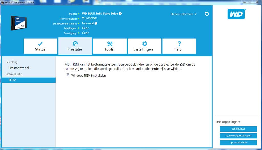 Prestaties TRIM (Deze functie wordt weergegeven als het besturingssysteem deze ondersteunt.) De TRIM-functie maakt ruimte vrij op de SSD die werd gebruikt door bestanden die zijn verwijderd.