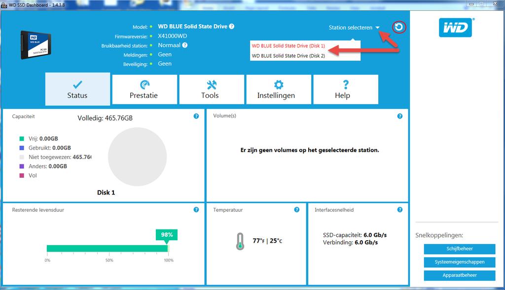 dashboard, sluit u de schijf opnieuw aan en klikt u vervolgens op het pictogram Vernieuwen rechts van het vervolgkeuzemenu Schijf selecteren om