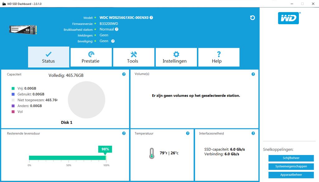 Status 2 Status Gedeelte Status Capaciteit Volume(s) Resterende levensduur Temperatuur Interfacesnelheid Gedeelte Status In het gedeelte Status wordt de algehele toestand en status van de