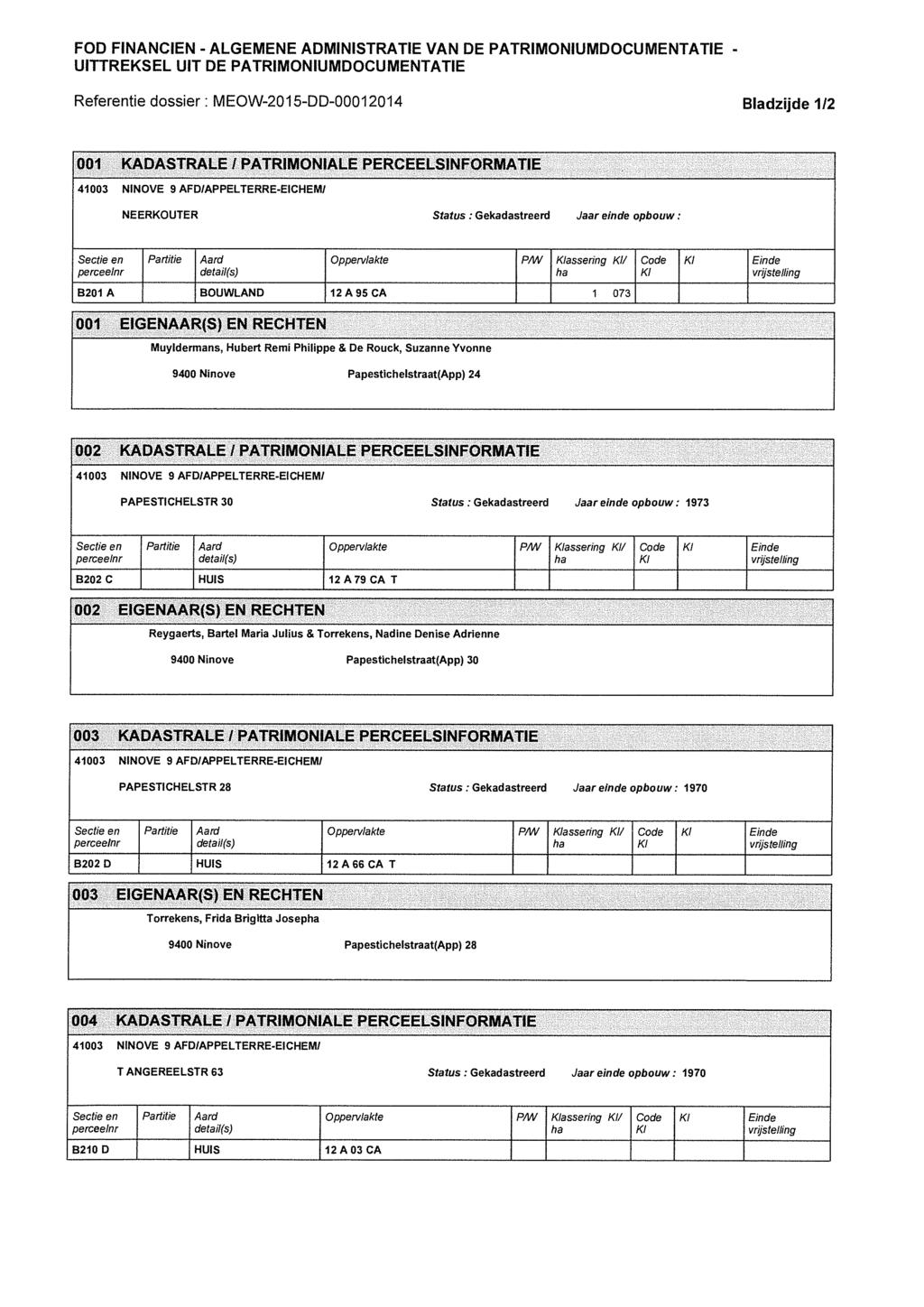 FOD FINANCIEN - ALGEMENE ADMINISTRATIE VAN DE PATRIMONIUMDOCUMENTATIE - UITTREKSEL UIT DE PATRIMONIUMDOCUMENTATIE Referentie dossier : MEOW-2015-DD-00012014 Bladzijde 1/2 001 KADASTRALE 1