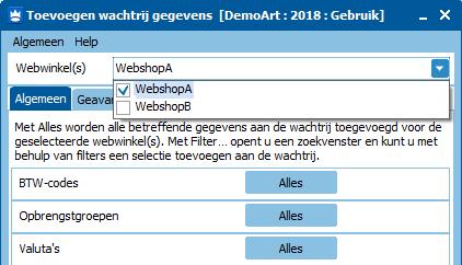 Bij het toevoegen van gegevens aan de wachtrij geef je eerst aan naar welke van je webwinkels de toe te voegen gegevens