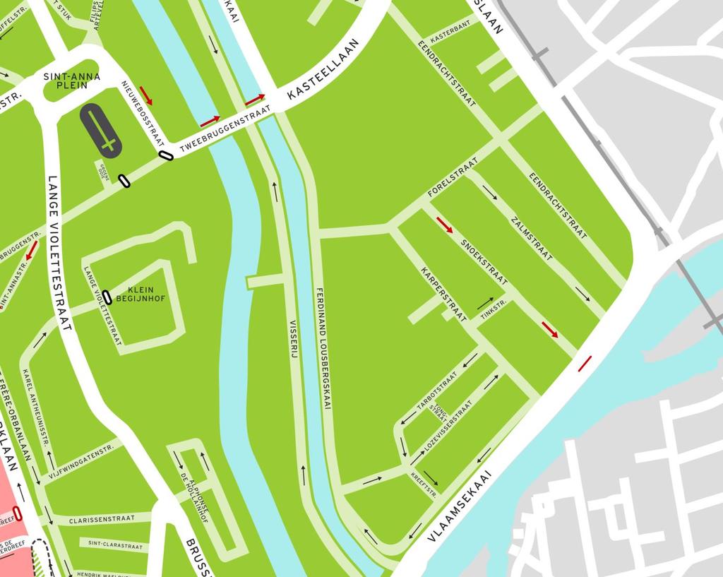 Snoekstraat/Zalmstraat/Eendrachtstraat Op de Vlaamsekaai bevindt zich een linksafbeweging, ter hoogte van de Snoekstraat, die onveilig is én zorgt voor hoge verkeersintensiteiten in de Snoekstraat.