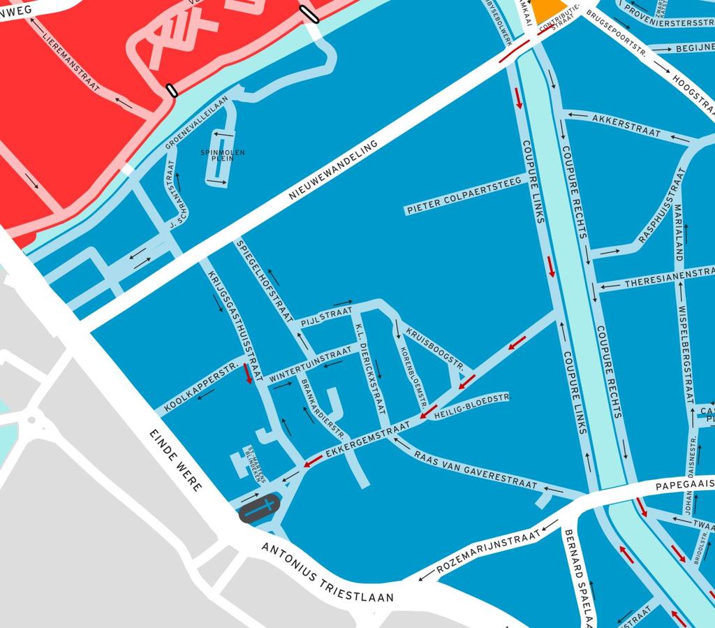de omgeving van de Coupures zal de verkeersintensiteit in dit gedeelte dalen. Zo zal de doorstroming van de tramlijn er ook verbeteren. De Coupure Rechts Zuid ten slotte wordt omgekeerd, vnl.