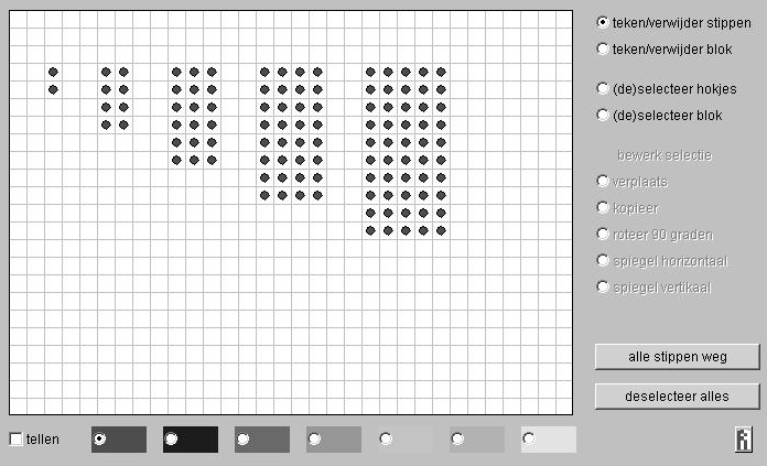 StippelAlgebra StippelAlgebra is een applet waarmee stippelfiguren kunnen worden gemaakt en gewijzigd. De aantallen stippen die worden gebruikt, worden door het applet geteld.