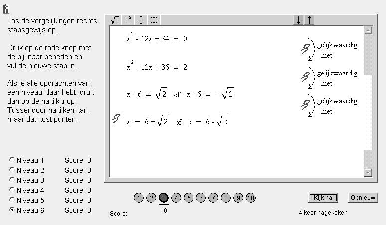 Algebra en applets, leren en onderwijzen Kwadratische Vergelijkingen Toets Dit is een toetsapplet bij het applet Kwadratische Vergelijkingen.